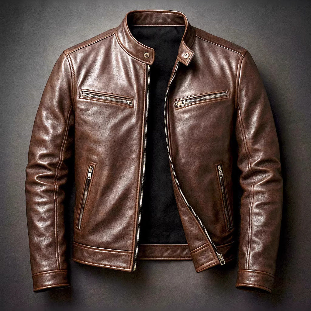 Mens PU Leather Motorcycle Jacket With A Stand-Up Collar