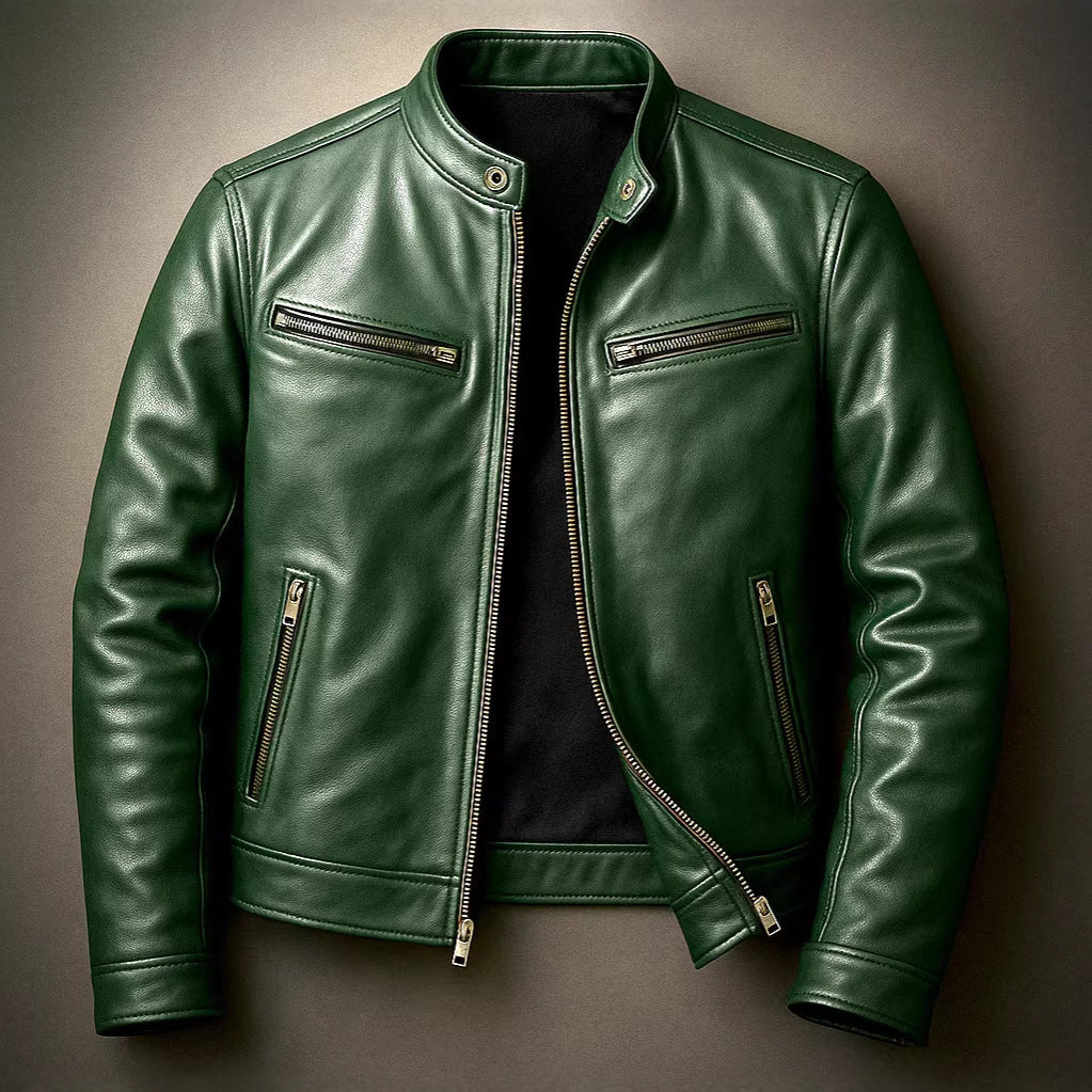 Mens PU Leather Motorcycle Jacket With A Stand-Up Collar