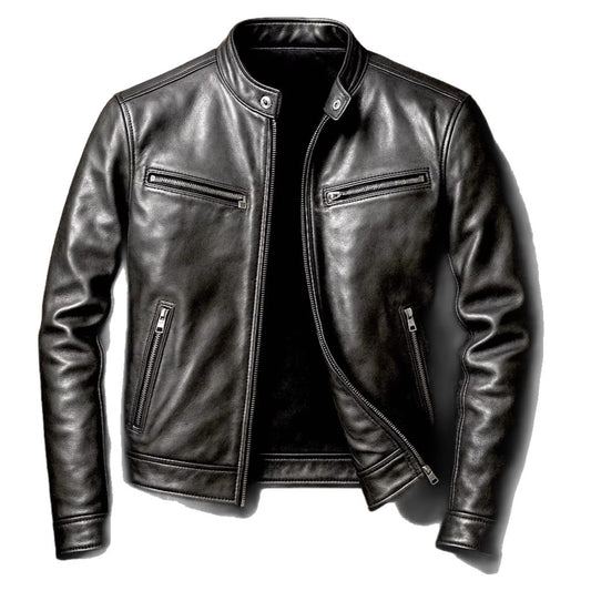 Mens PU Leather Motorcycle Jacket With A Stand-Up Collar